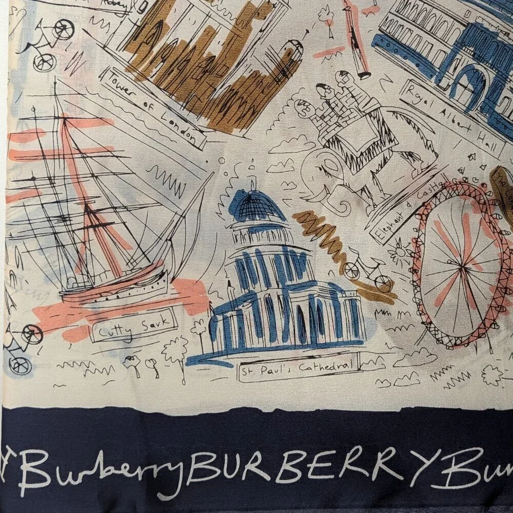Burberry 100% Silk Scarf London Theme - Picture 1 of 10